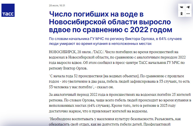 Число погибших на воде в Новосибирской области выросло вдвое по сравнению с 2022 годом. ТАСС. 28.07.2023